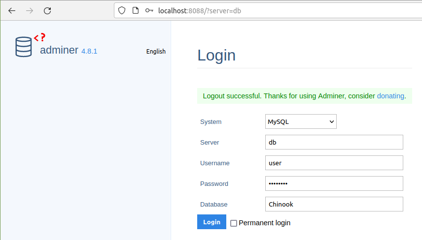Login page for Adminer