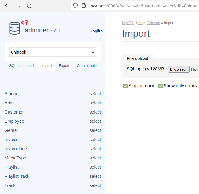Adminer sidebar with tables